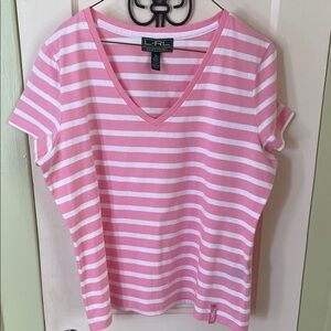 Lauren Ralph Lauren Pink and White Striped V-Neck Tee